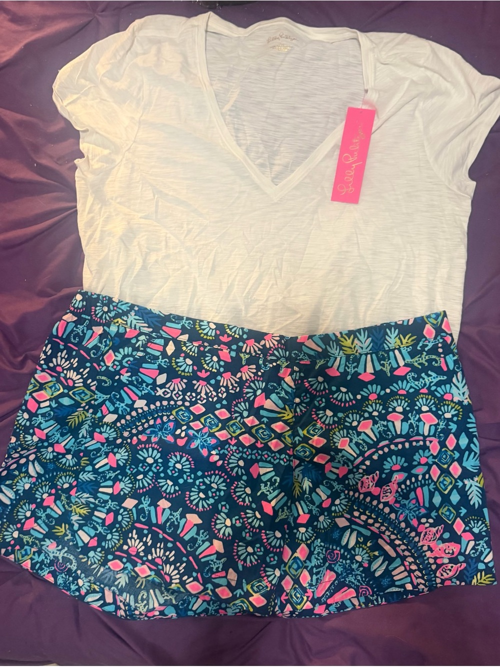Lilly Pulitzer Floral Mosaic Shorts with Pink and Turquoise Accents &white shirt
